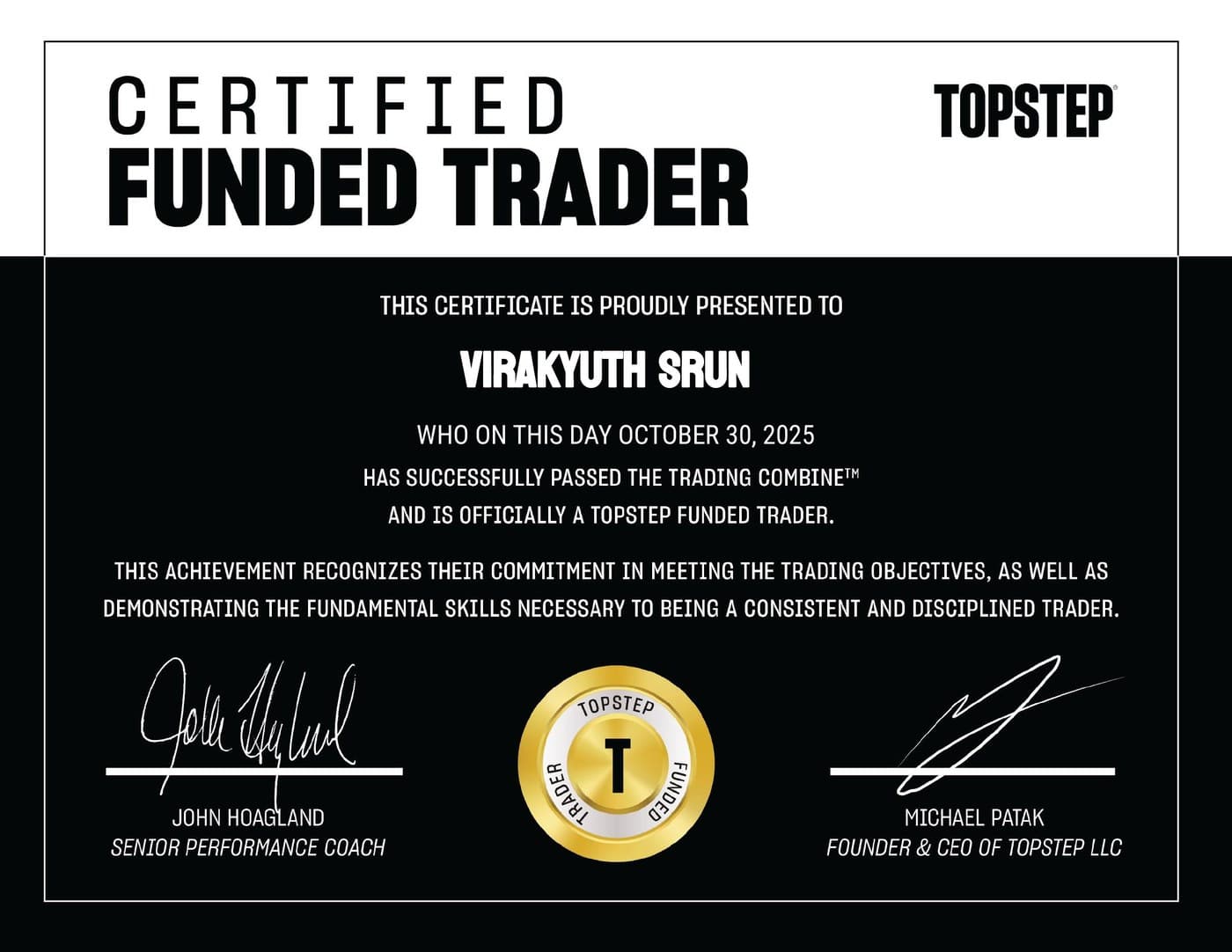 TopStep — Certified Funded Trader — 30 Oct 2025